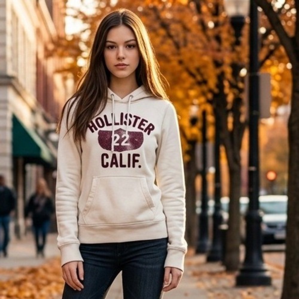 Y2K Hollister California Hoodie Sweatshirt Cream Red Surfer Heritage Lounge S